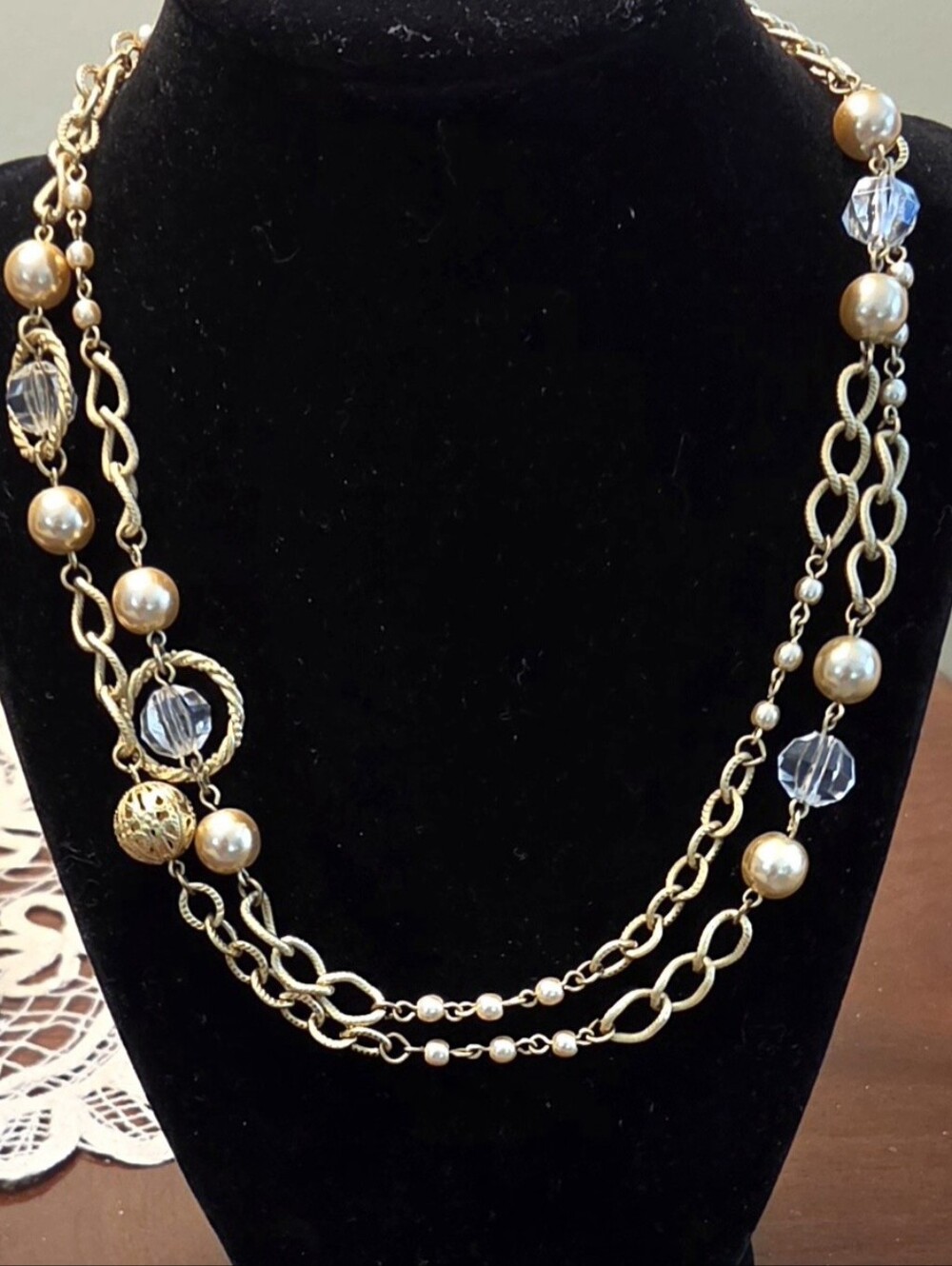 Vintage 1928 Jewelry Company Layered Gold Pearl & Faceted Crystal Statement Neck
